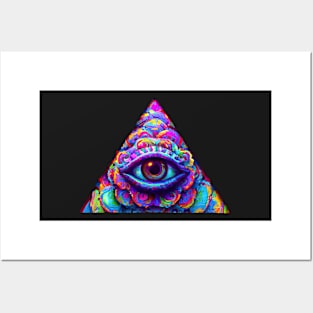 Psychedelic Rainbow Neon Eye Emblem Posters and Art